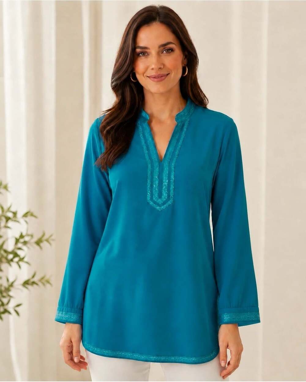 NWT Susan Graver 1X Tunic Top Teal Blue Split Neck Long Sleeve Metallic Trim